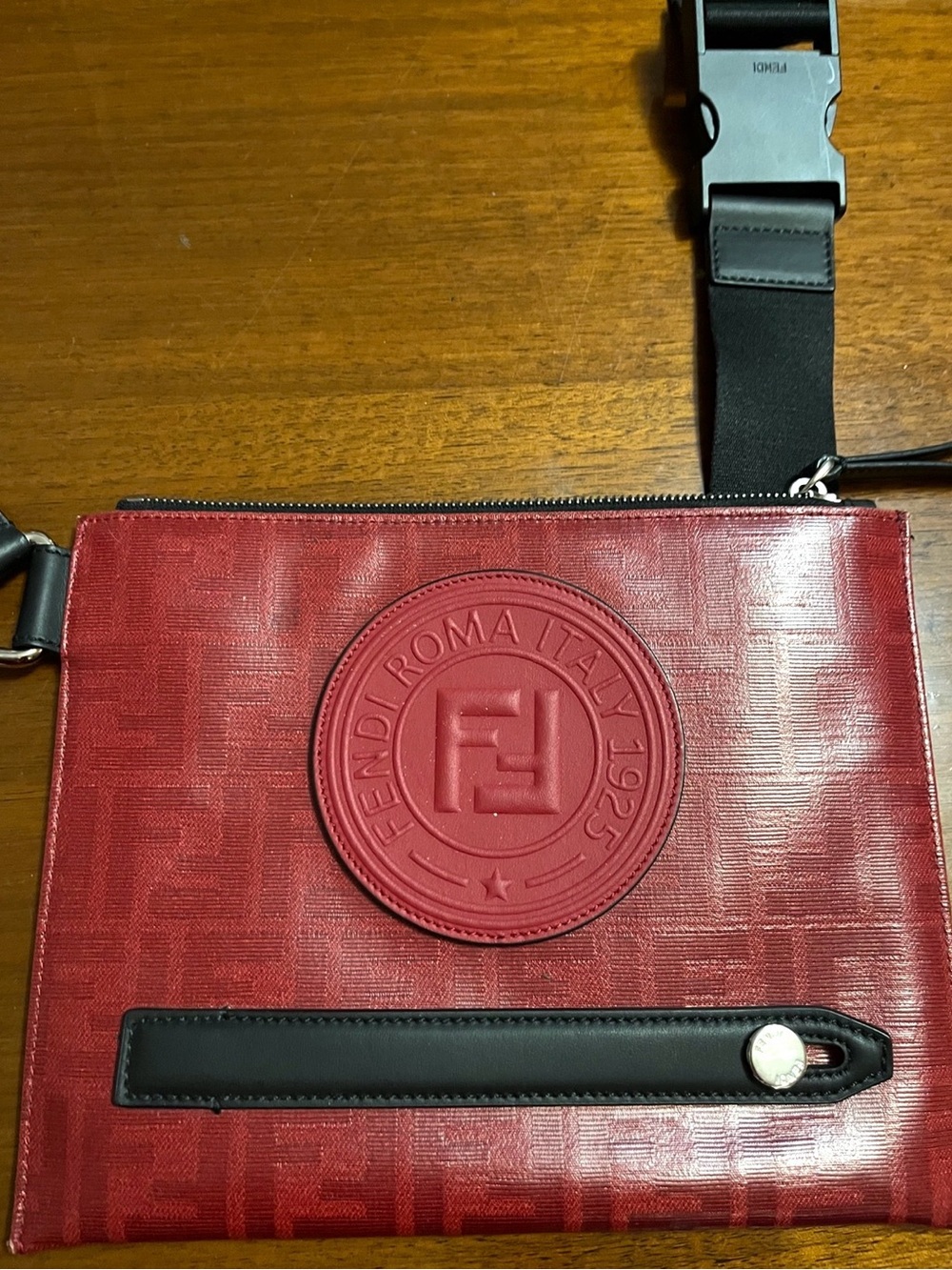 Fendi Red Leather Roma Embossed Messenger Pouch/Black Strap Authentic Unisex